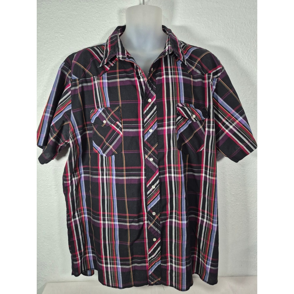 Wrangler Western Shirt Mens 2XT Black Purple Plaid Pearl Snap Short Sleeve